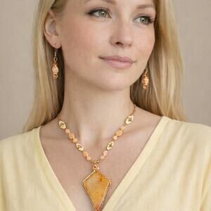 Yellow Jasper Agate 3" Kite shapped cabochon 20" necklace & Earrings Copper wire